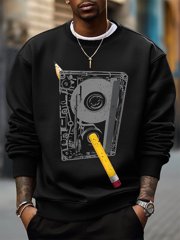 Men's Cassette Tape And Pencil Retro Art Print Cotton Casual Sweatshirt