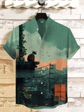 Men's Rainy Day Scenery Cat Back View Print Linen Blend Shirt