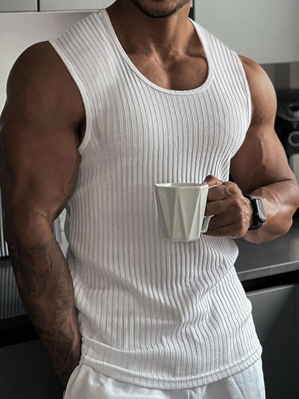 Men's Plain Ribbed Knit Slim Fit Casual Tank Top
