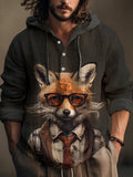Men's Vintage Glasses Fox Illustration Print Hooded Shirt