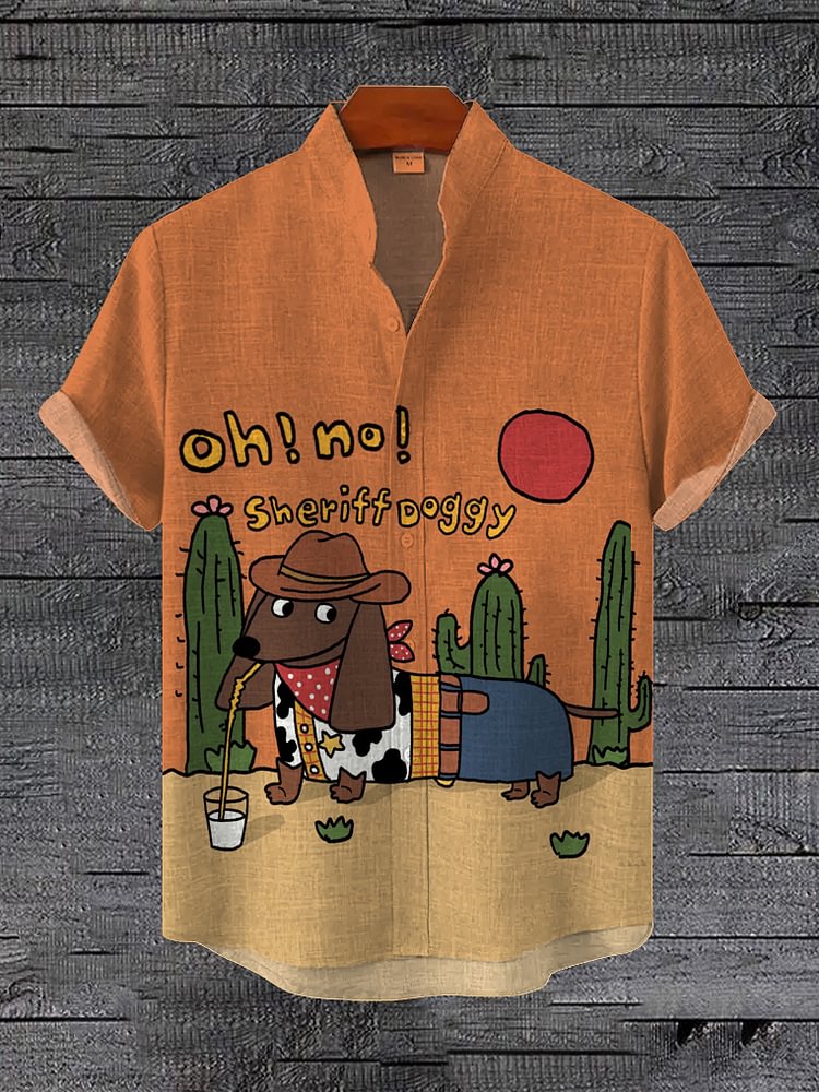 Men's Western Cowboy Sheriff Doggy Print Casual Shirt