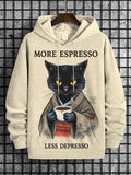 Men's More Espresso Less DepressoBlack Cat Drinking Coffee Art Print Hooded Sweatshirt