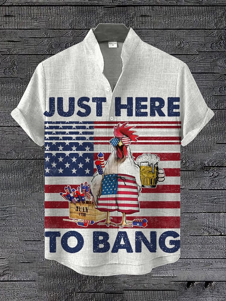 Men's July 4th American Chicken Just Here To Bang Print Linen Blend Shirt