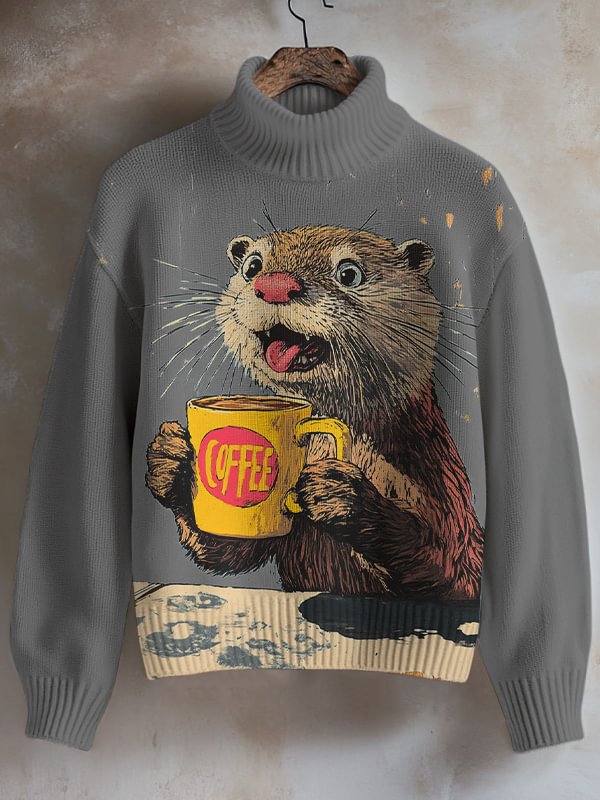 Women's The Otter Was Burned By The Coffee Print High Neck Knit Sweatshirt