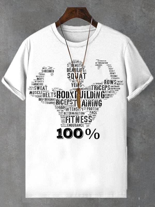 Men's Body Buiding Fitness Print Cotton Casual T-Shirt