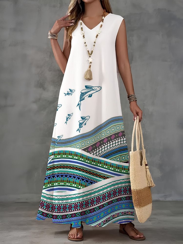 Women's Retro Tribal Pattern Fish Print V Neck Sleeveless Maxi Dress
