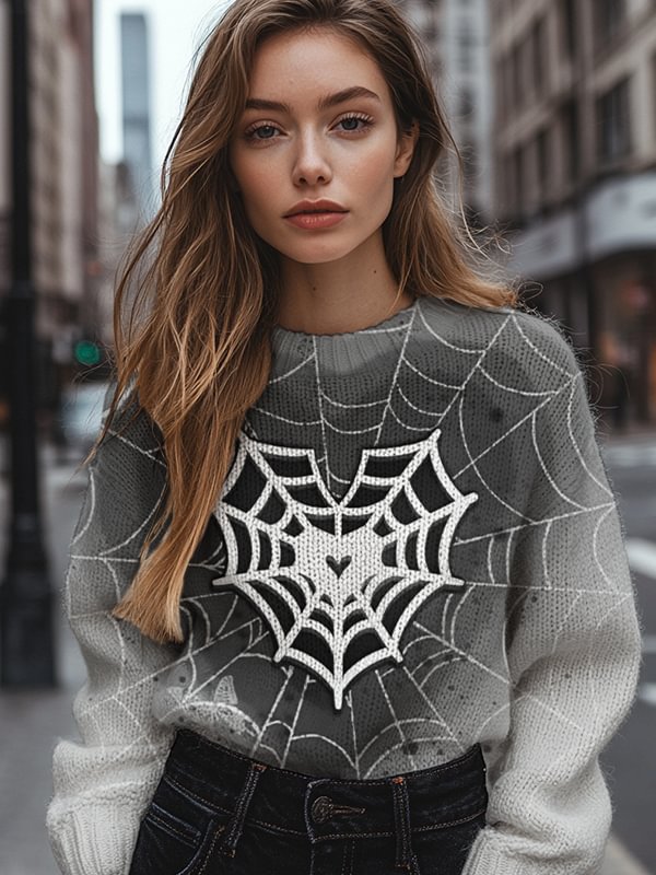 Women's Heart-Shaped Spider Web Art Print Knit Sweatshirt