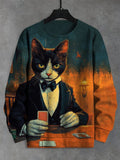 Men's Play Poker With Cat Print Casual Sweatshirt