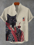 Men's Give Patriotic Black Cat Earl Grey Red Wine Linen Blend Shirt