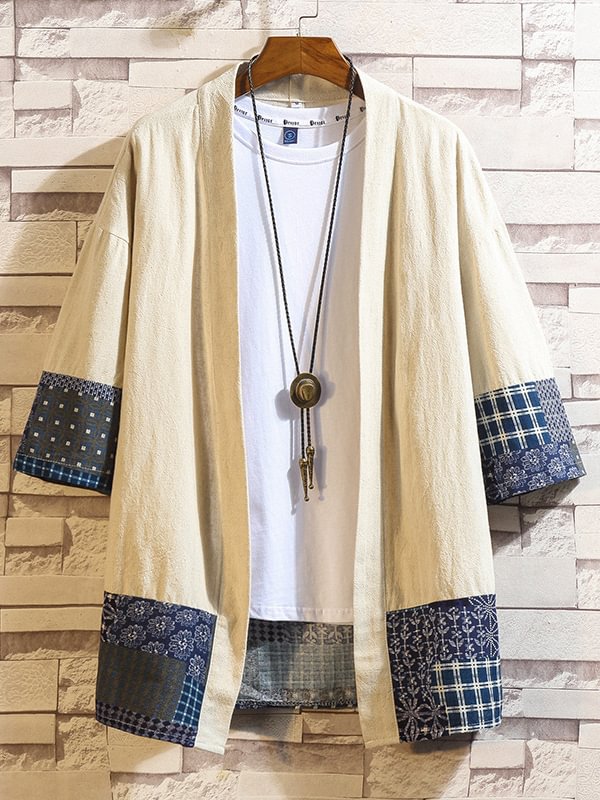 Men's Retro Pattern Patchwork Loose Cotton And Linen Cardigan