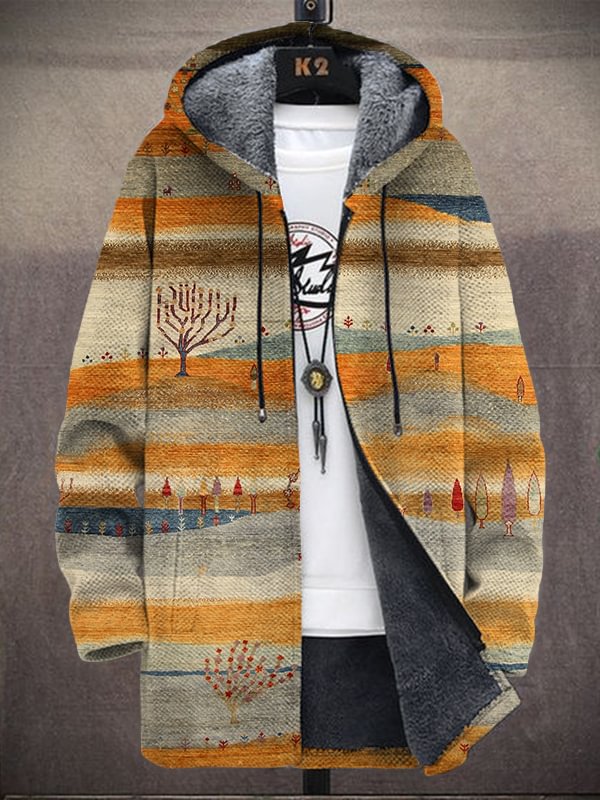 Men's Persian Style Autumn Landscape Art Print Fleece Lined Hooded Trench Coat