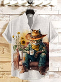 Men's Handsome Western Cat Drinking Coffee Watercolor Art Print Shirt