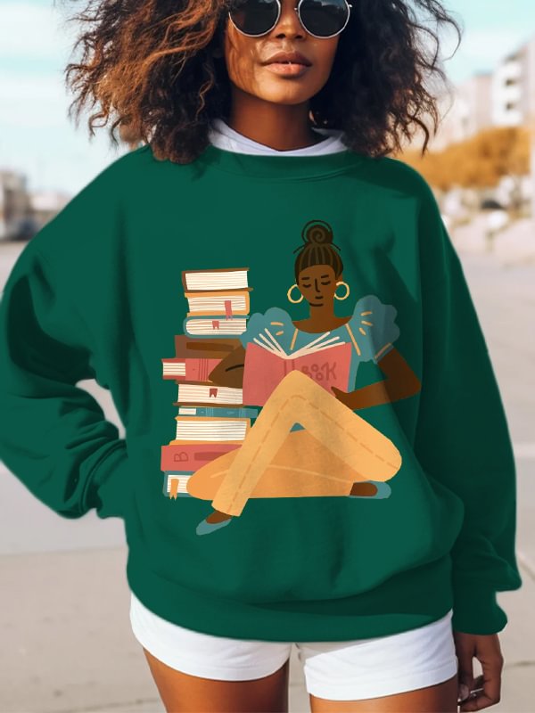 Women's Girl Reading Print Cotton Long Sleeve T-Shirt Thin Sweatshirt