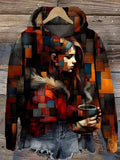 Women's Girl Drinking Coffee Geometric Art Print Hooded Sweatshirt