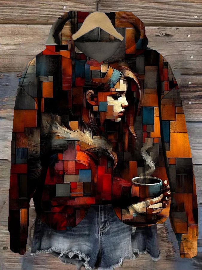 Women's Girl Drinking Coffee Geometric Art Print Hooded Sweatshirt