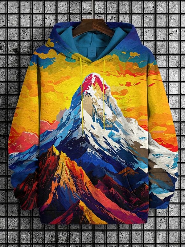 Men's Sunset Sun Shining On Snowy Mountains Art Print Hooded Sweatshirt
