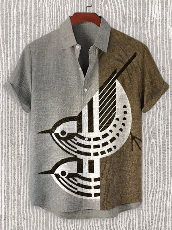 Men's Sparrow Bird Geometric Art Printed Linen Blend Shirt