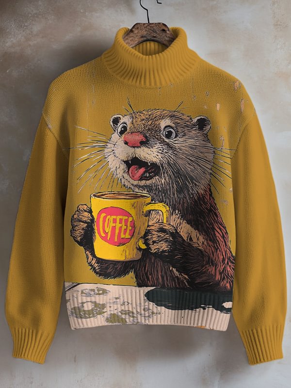 Women's The Otter Was Burned By The Coffee Print High Neck Knit Sweatshirt