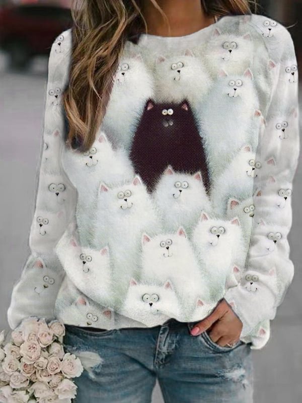 Women's Watercolor Cat Print Casual Long Sleeve Sweatshirt