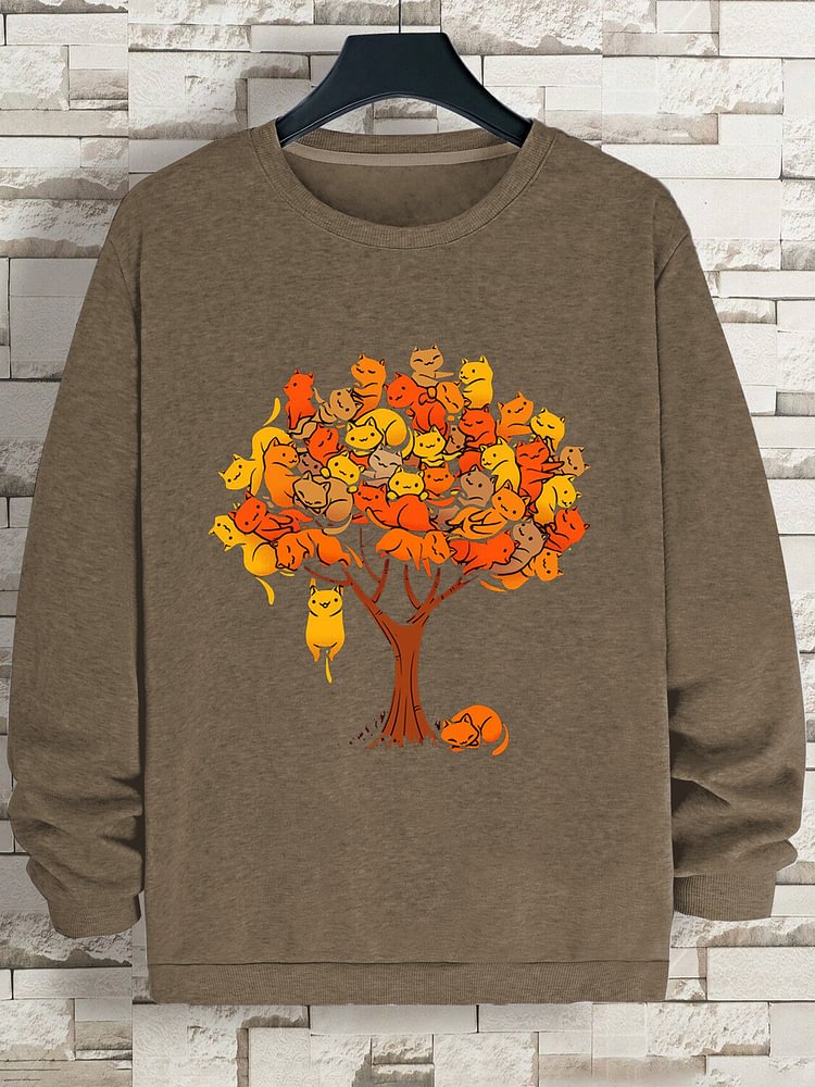 Men's A Group Of Cats On The Tree Print Cotton Casual Sweatshirt