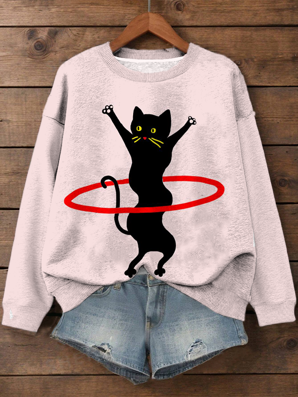 Women's Black Cat Hula Hoop Art Print Casual Sweatshirt