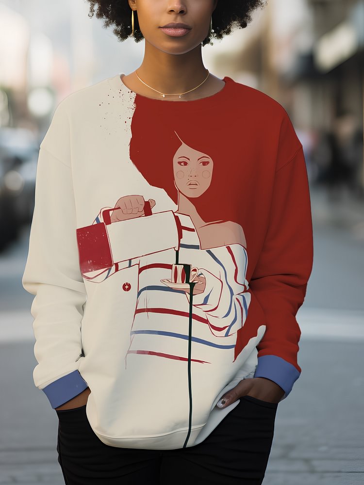 Women's Contrast Color Coffee Lover Art Print Cozy Sweatshirt