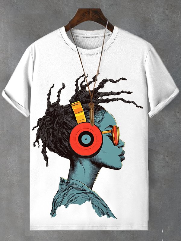 Men's Funny African Music Girl Print Cotton Casual T-Shirt