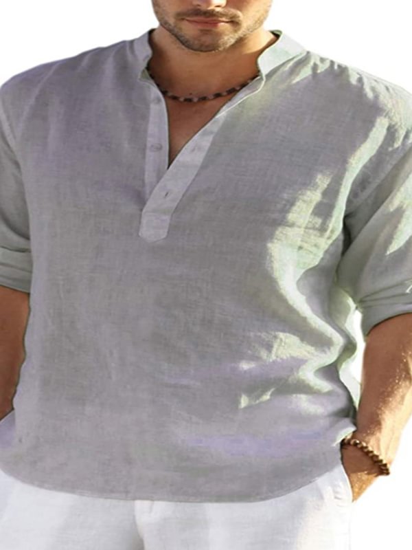 Men's Casual Half Button Long Sleeve Roll Tab Linen Shirt