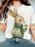 Women's Rabbit And Clover Watercolor Art Print Casual T-Shirt