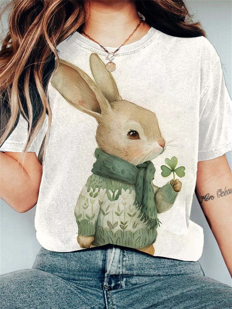 Women's Rabbit And Clover Watercolor Art Print Casual T-Shirt