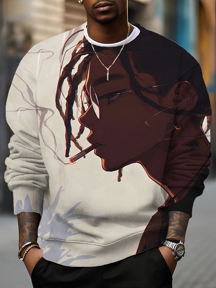 Men's Black Man With Dreadlocks Smoking Print Casual Sweatshirt