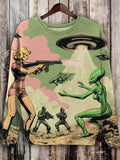 Women's Retro Woman Soldier UFO Alien Fighting Sci-Fi Art Print Casual Sweatshirt