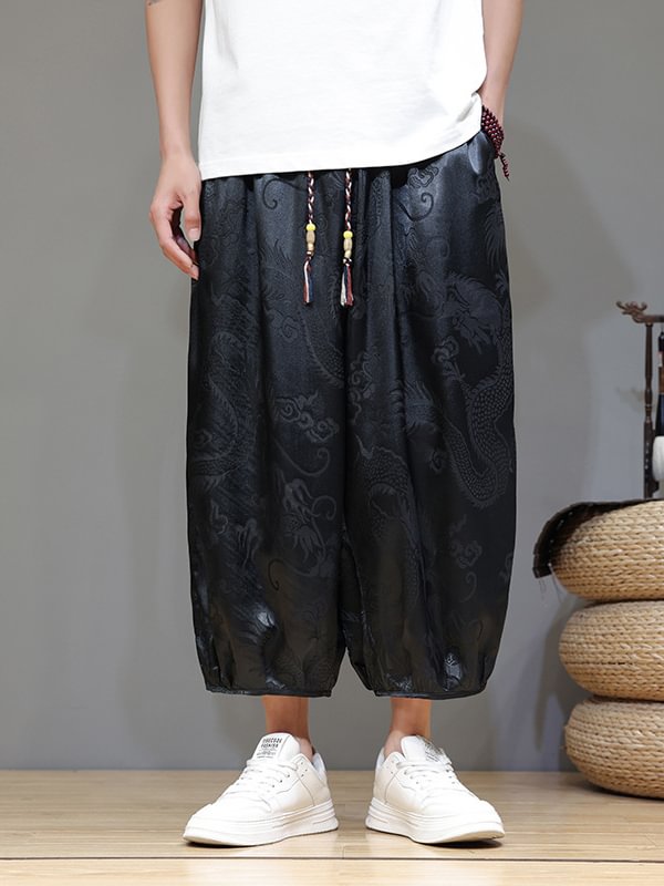 Men's Casual Dragon Pattern Jacquard Drawstring Waist Crop Harem Pants