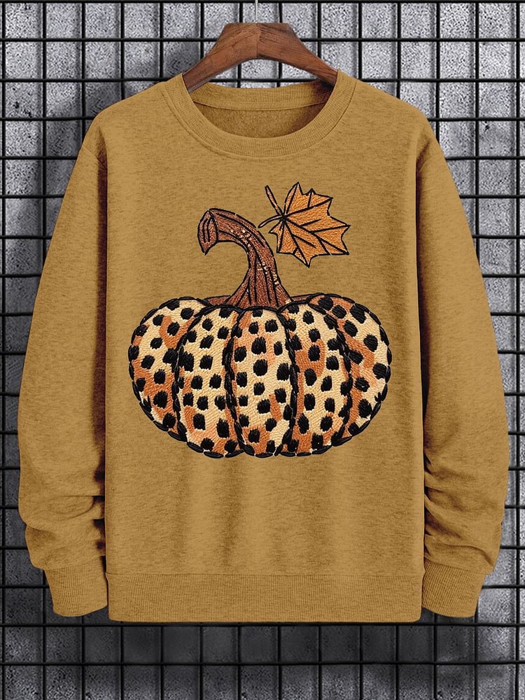 Men's Pumpkin Leopard Embroidery Print Cotton Casual Sweatshirt