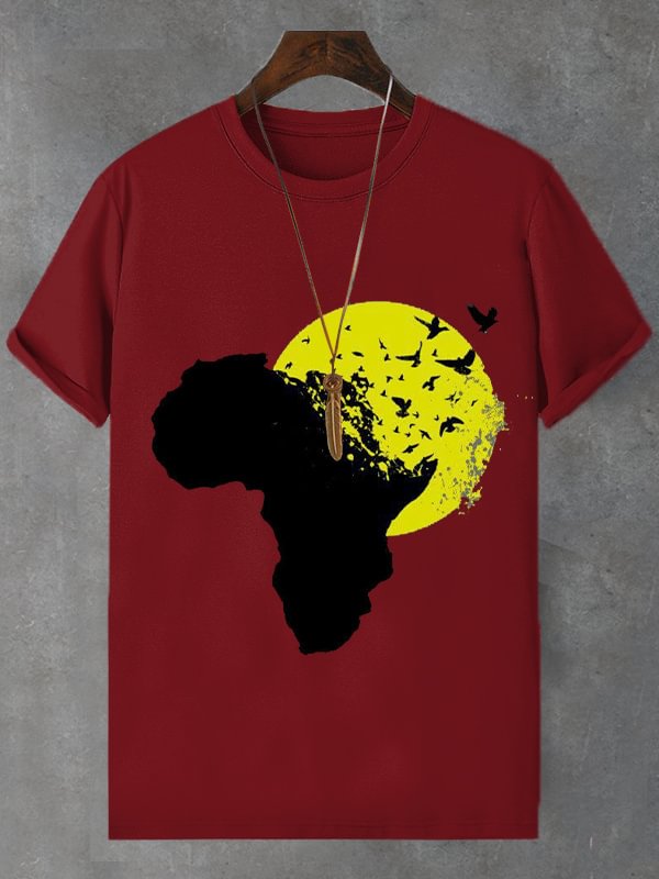 Men's Birds African Map Illustration Print Cotton Casual T-Shirt