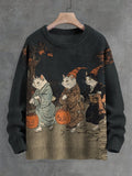 Men's Three Cats Trick-Or-Treating Japan Art Print Knit Sweatshirt