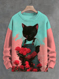 Men's Valentine's Day Black Cat Picking Roses Print Knit Sweatshirt