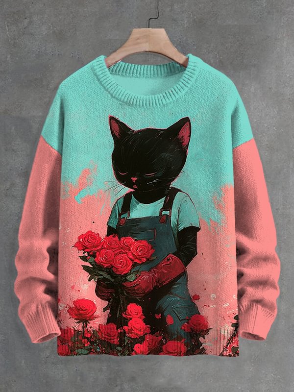 Men's Valentine's Day Black Cat Picking Roses Print Knit Sweatshirt