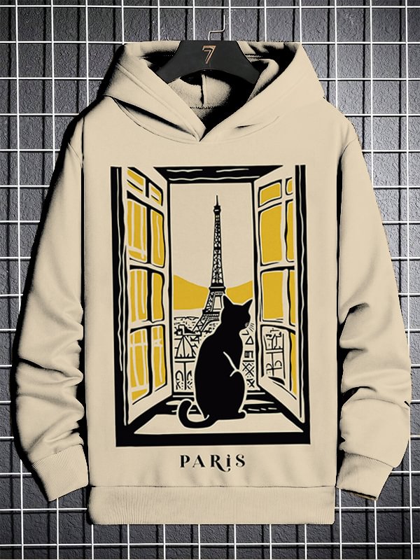Men's Black Cat Paris Illustration Print Casual Hoodie
