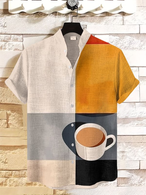 Men's Coffee Geometric Color Block Art Print Shirt