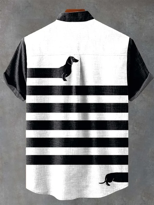 Men's Funny Long Black Dachshund Dog Print Casual Linen Blend Shirt