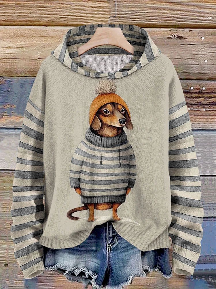 Women's Dachshund Dog In Clothes Print Stripe Splice Hoodie
