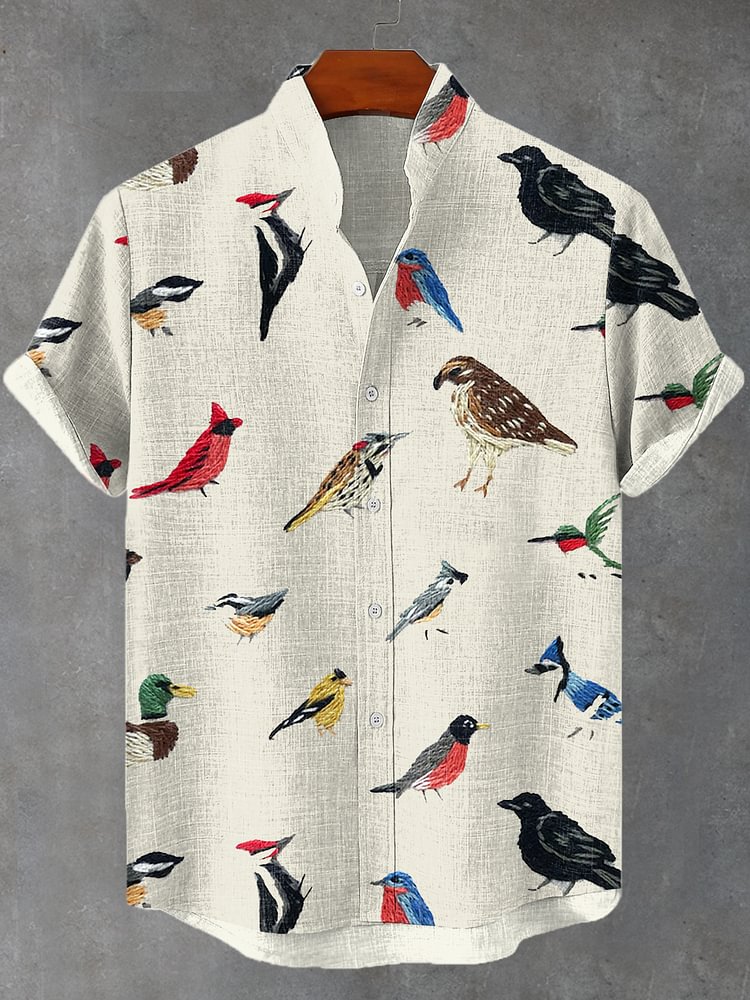 Men's Vintage Bird Collector Embroidery Print Linen Blend Shirt