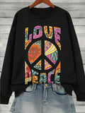 Women's Vintage Love Peace Hippie Flower Art Print Casual Sweatshirt