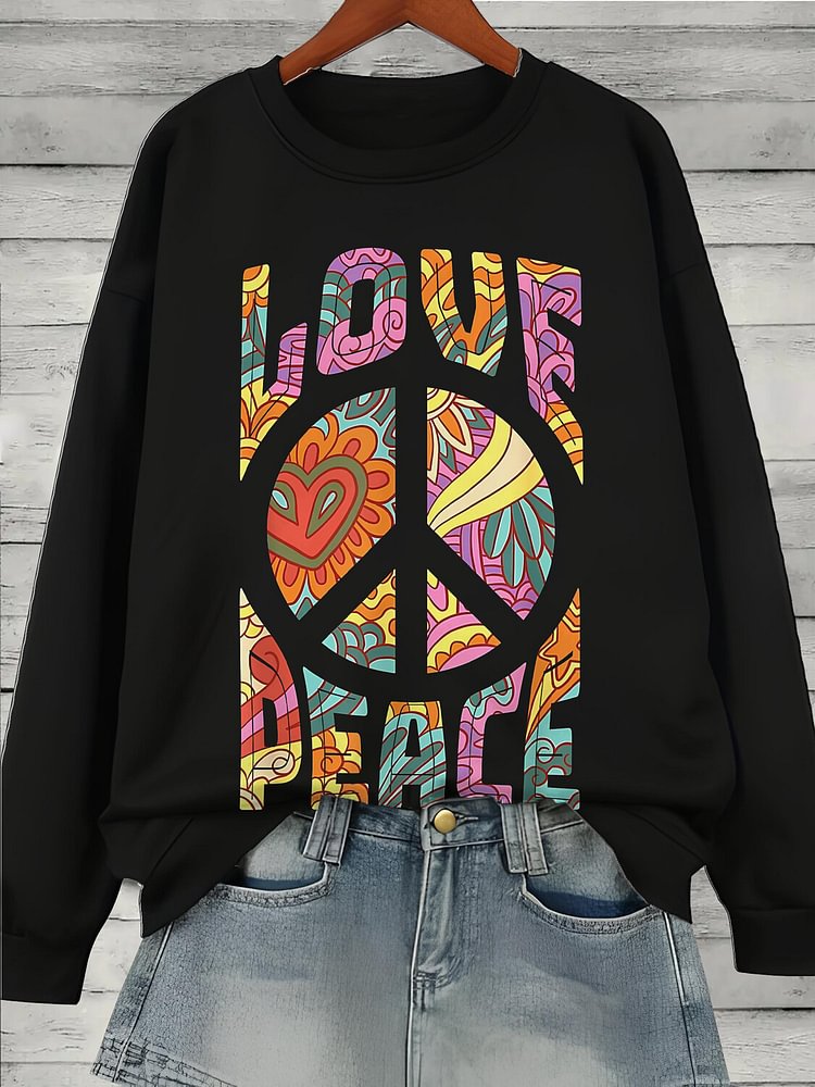 Women's Vintage Love Peace Hippie Flower Art Print Casual Sweatshirt