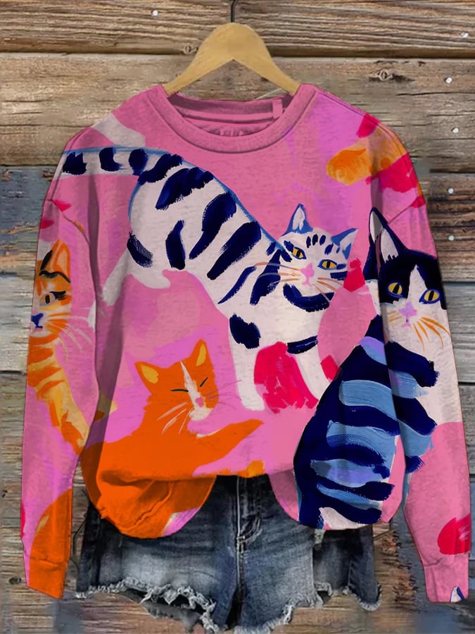 Women's Dopamine Colourful Cat Print Casual Sweatshirt
