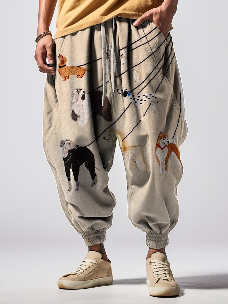 Men's Dog Walking On A Leash Art Print Loose Drawstring Waist Sweatpants