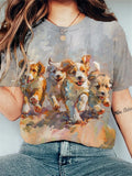 Women's Happy Running Puppies Art Print Casual T-Shirt