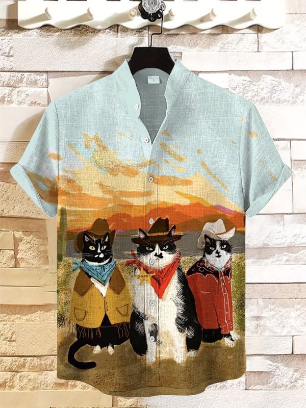Men's Desert Cowboy Cats Print Linen Blend Shirt