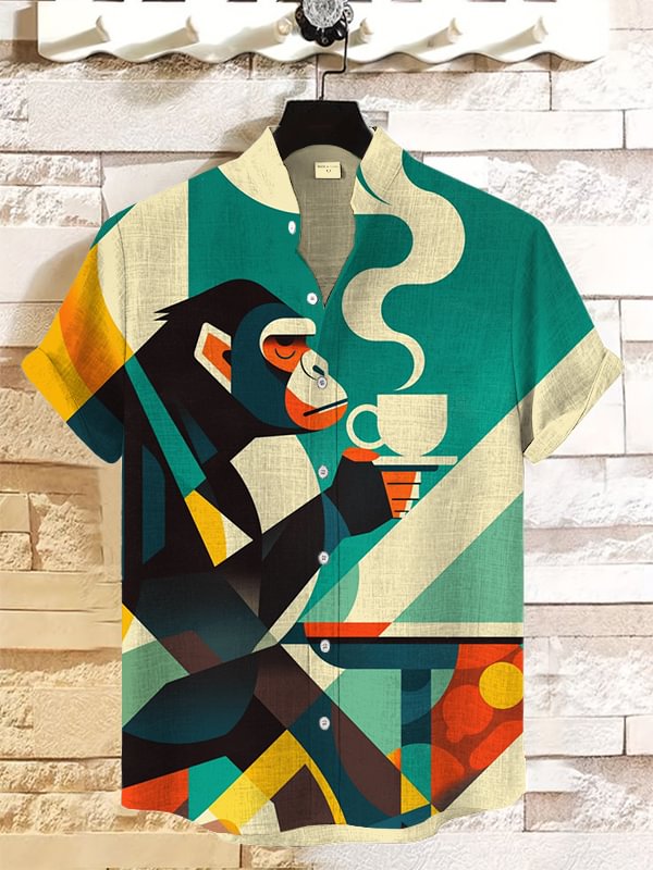 Men's Monkey Drinking Coffee Leisurely Geometric Color Block Art Print Casual Shirt